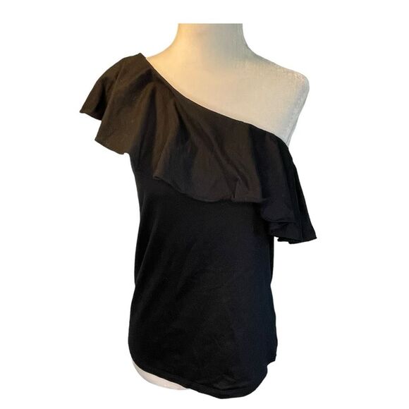 Banana Republic Ruffle One Shoulder Top Black Knit Flounce Cotton S - Picture 1 of 6